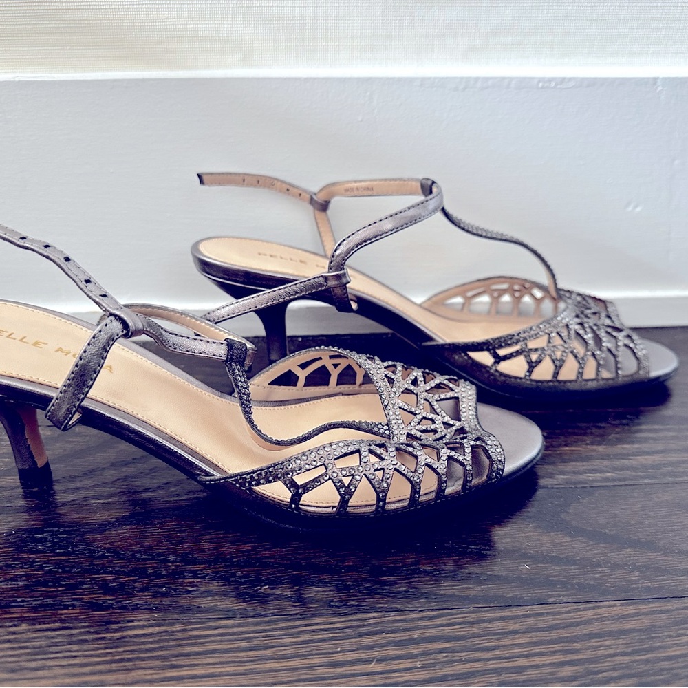 Metallic Kitten heels w ankle strap & mini rhinestones